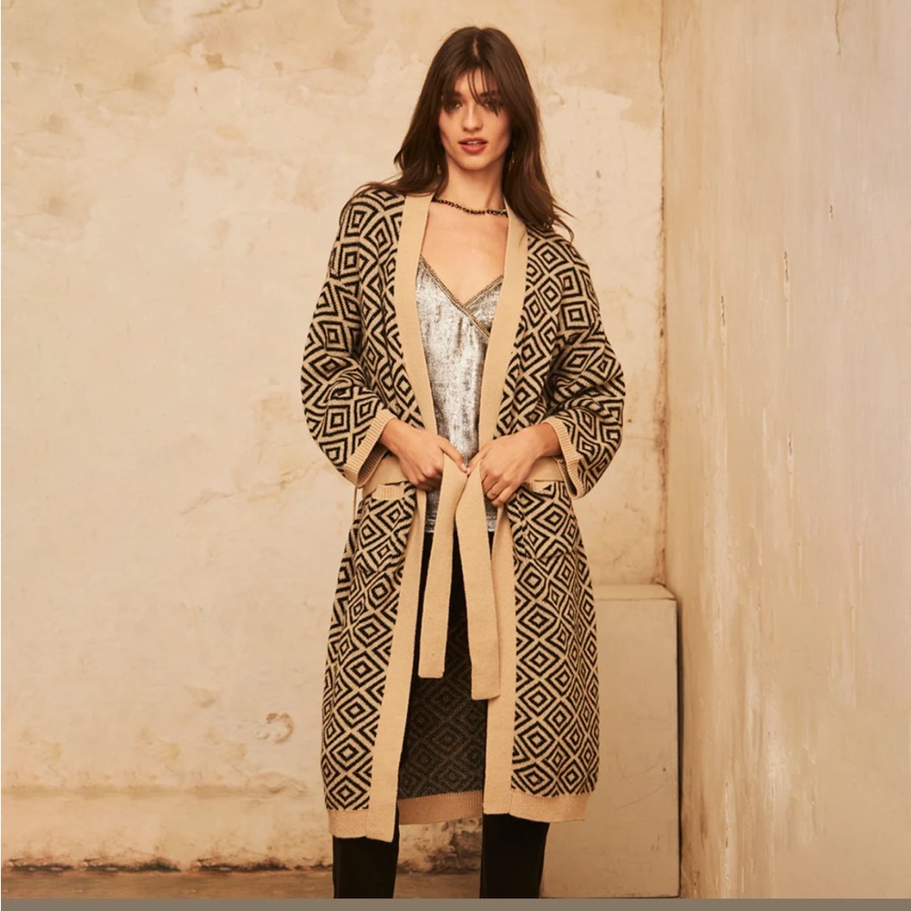NWT Nekane Naila Geometric Jacquard Belted Long Cardigan Kimono Small Medium